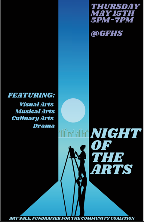  Poster that shows a moon above a cityscape. The moon is casting a shadow of a young woman painting 
